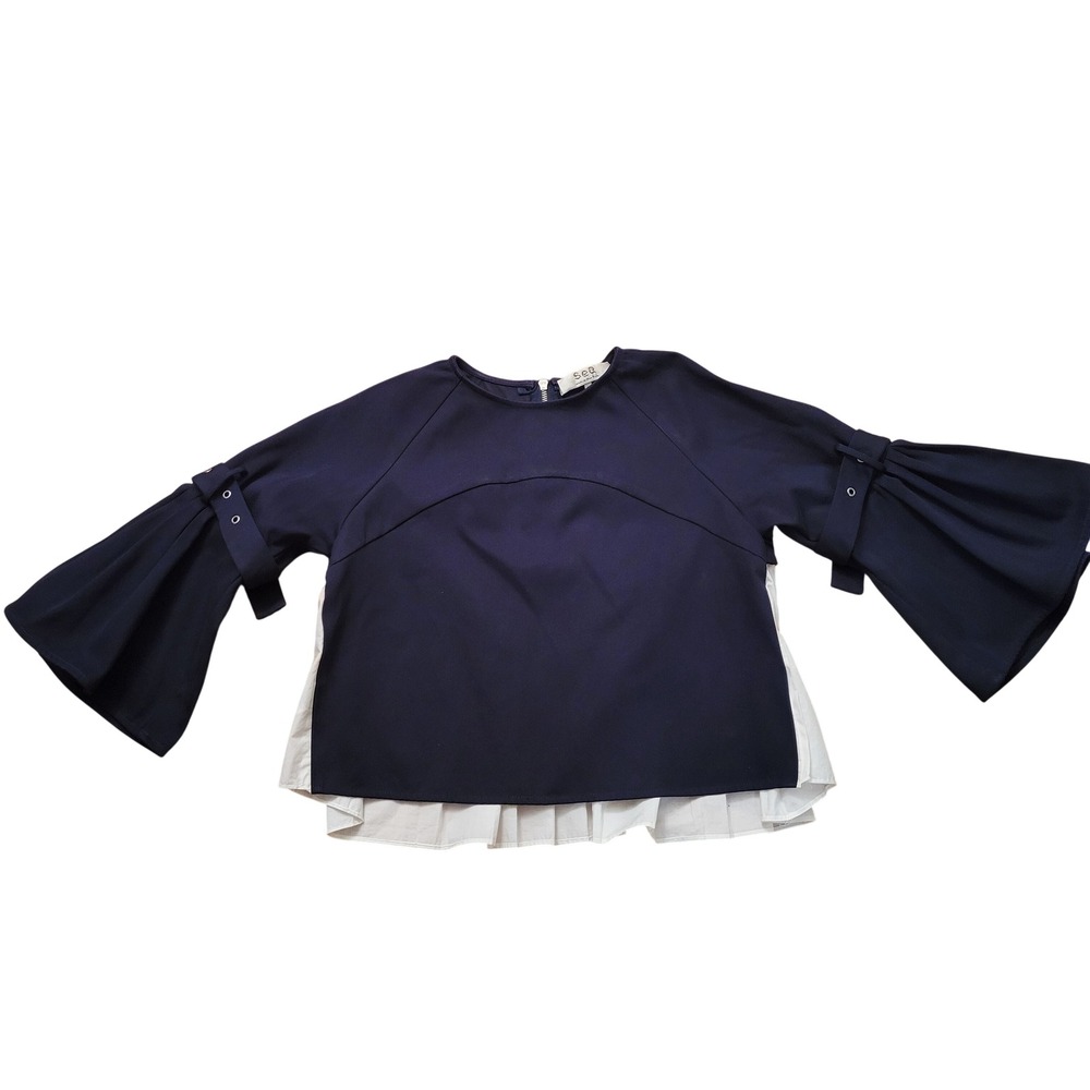 Sea New York Navy White Pleated Mixed‎ Media Buckle Sleeve Top S USA Academia